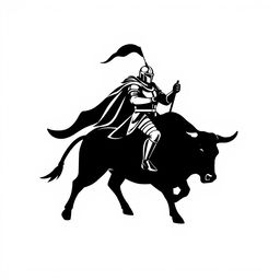 A striking silhouette logo of a knight in armor holding a flag while riding a bull, both facing forward