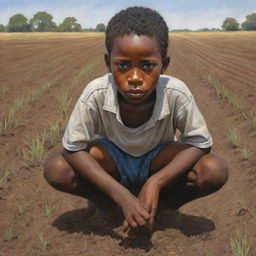 A thought-provoking illustration of a young African American boy toiling laboriously in a field, a deep sadness evident in his eyes, poignantly reflecting the harsh reality of his circumstances.