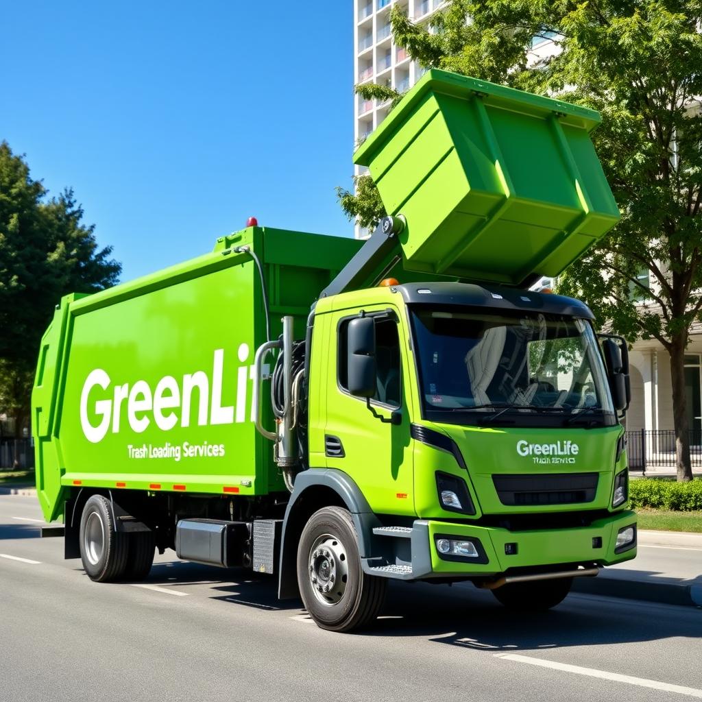 A sleek electric front loader garbage truck in a bright green hue, prominently featuring the name "GreenLife Trash Services" on its side in large, bold white lettering