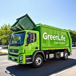 A sleek electric front loader garbage truck in a bright green hue, prominently featuring the name "GreenLife Trash Services" on its side in large, bold white lettering