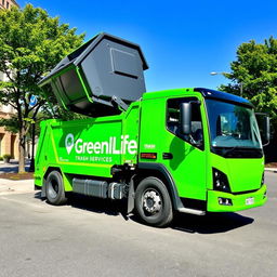 A sleek electric front loader garbage truck in a bright green hue, prominently featuring the name "GreenLife Trash Services" on its side in large, bold white lettering