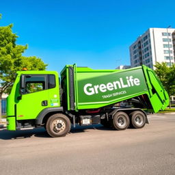 A sleek electric front loader garbage truck in a bright green hue, prominently featuring the name "GreenLife Trash Services" on its side in large, bold white lettering