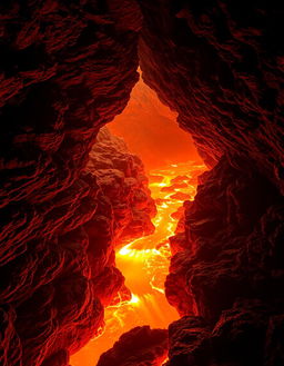 An enchanting volcanic cave scene featuring a narrow rocky path surrounded by flickering flames above a river of bright orange lava