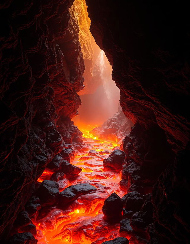 An enchanting volcanic cave scene featuring a narrow rocky path surrounded by flickering flames above a river of bright orange lava