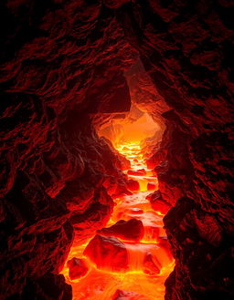 An enchanting volcanic cave scene featuring a narrow rocky path surrounded by flickering flames above a river of bright orange lava