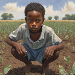 A thought-provoking illustration of a young African American boy toiling laboriously in a field, a deep sadness evident in his eyes, poignantly reflecting the harsh reality of his circumstances.