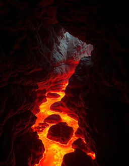 An enchanting volcanic cave scene featuring a narrow rocky path surrounded by flickering flames above a river of bright orange lava