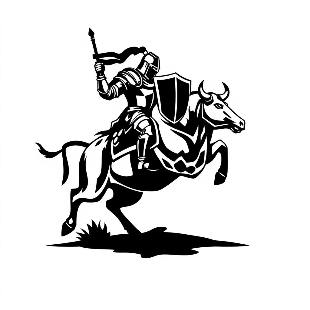 A striking silhouette logo of a knight in full armor holding a flag and a shield while riding a jumping bull that is looking down