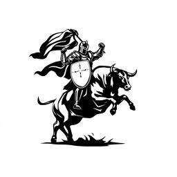 A striking silhouette logo of a knight in full armor holding a flag and a shield while riding a jumping bull that is looking down