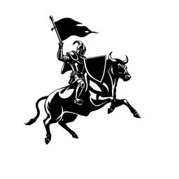 A striking silhouette logo of a knight in full armor holding a flag and a shield while riding a jumping bull that is looking down