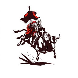 A striking silhouette logo of a knight in full armor holding a flag and a shield while riding a jumping bull that is looking down