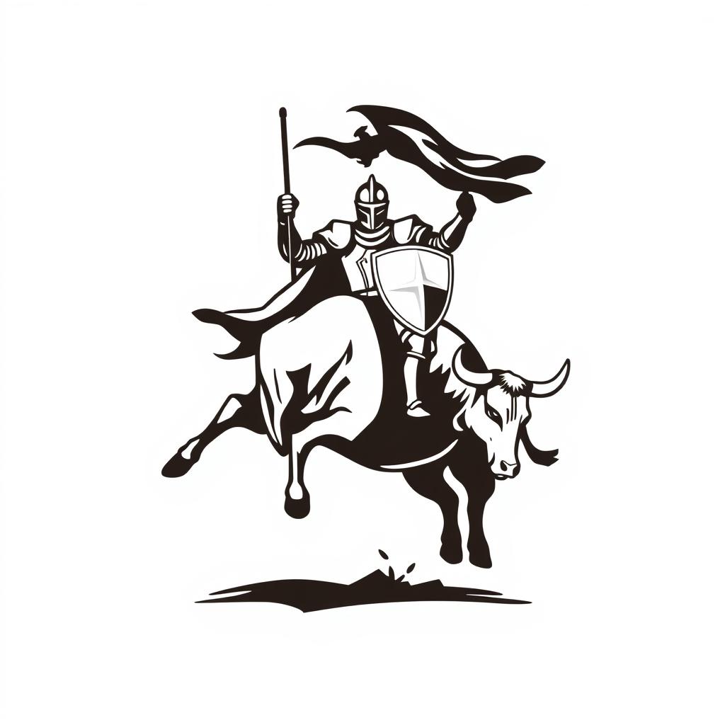 A bold silhouette logo featuring a knight in full armor holding a flag and a shield, riding a jumping bull that is looking down, both facing forward