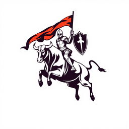 A bold silhouette logo featuring a knight in full armor holding a flag and a shield, riding a jumping bull that is looking down, both facing forward