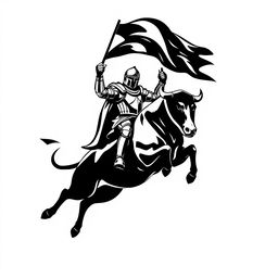 A bold silhouette logo featuring a knight in full armor holding a flag and a shield, riding a jumping bull that is looking down, both facing forward