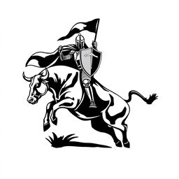 A bold silhouette logo featuring a knight in full armor holding a flag and a shield, riding a jumping bull that is looking down, both facing forward