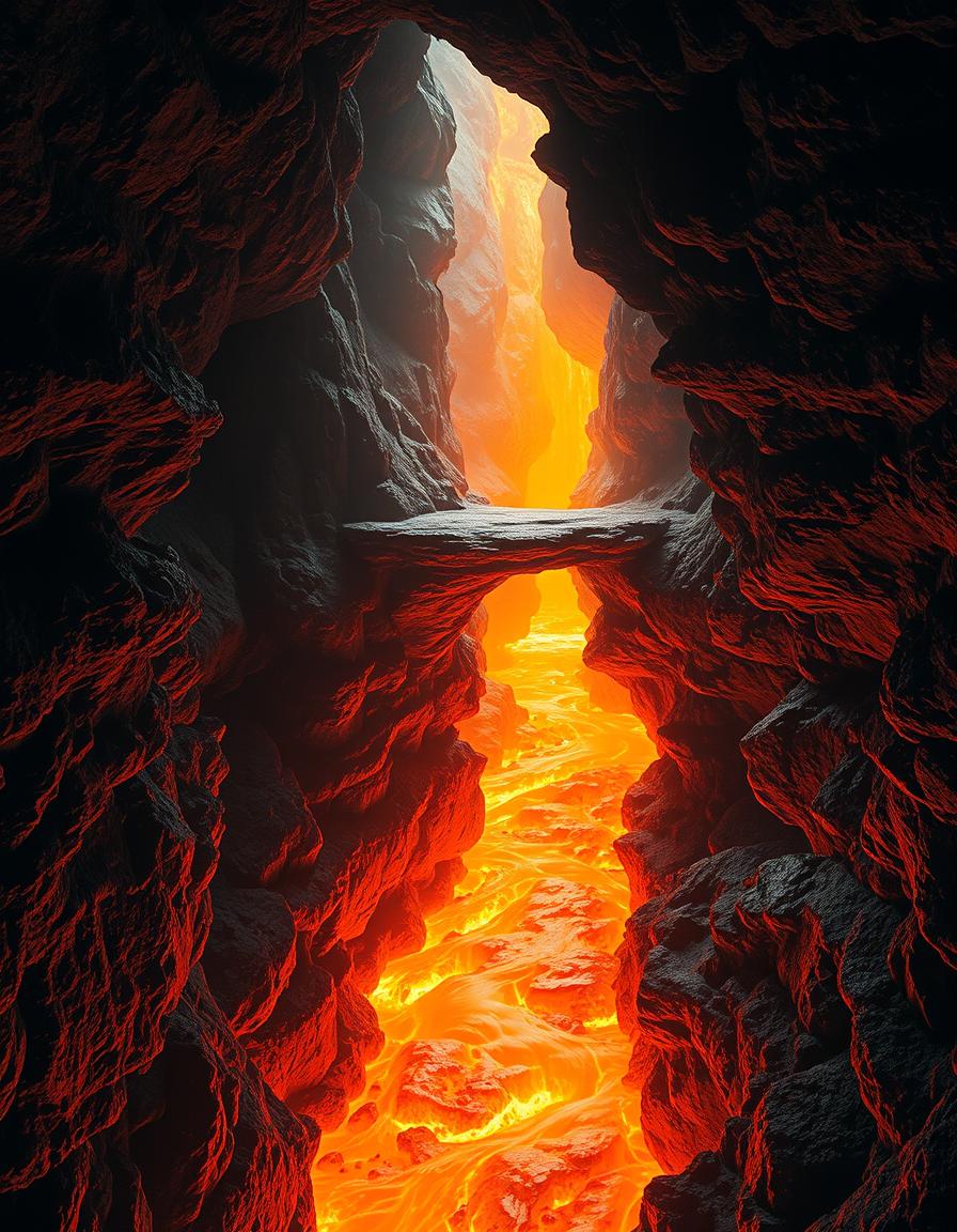 A breathtaking volcanic cave scene featuring a narrow rocky path surrounded by flames, elevated above a river of glowing orange lava