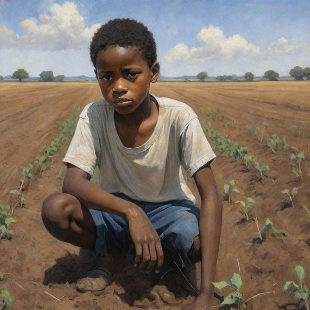 A thought-provoking illustration of a young African American boy toiling laboriously in a field, a deep sadness evident in his eyes, poignantly reflecting the harsh reality of his circumstances.