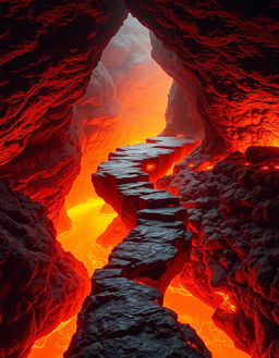 A breathtaking volcanic cave scene featuring a narrow rocky path surrounded by flames, elevated above a river of glowing orange lava