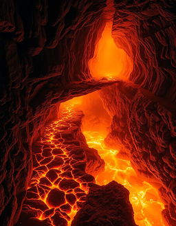 A breathtaking volcanic cave scene featuring a narrow rocky path surrounded by flames, elevated above a river of glowing orange lava