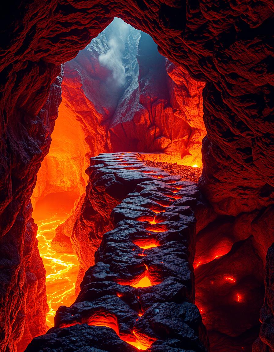 A breathtaking volcanic cave scene featuring a narrow rocky path surrounded by flames, elevated above a river of glowing orange lava