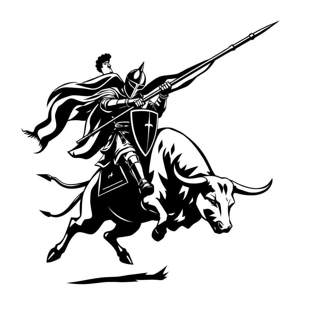 A striking silhouette logo featuring a knight in full armor holding a long flag with a spear and a shield, while riding a jumping bull that is looking down