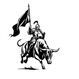 A striking silhouette logo featuring a knight in full armor holding a long flag with a spear and a shield, while riding a jumping bull that is looking down