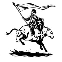 A striking silhouette logo featuring a knight in full armor holding a long flag with a spear and a shield, while riding a jumping bull that is looking down