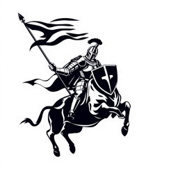 A striking silhouette logo featuring a knight in full armor holding a long flag with a spear and a shield, while riding a jumping bull that is looking down