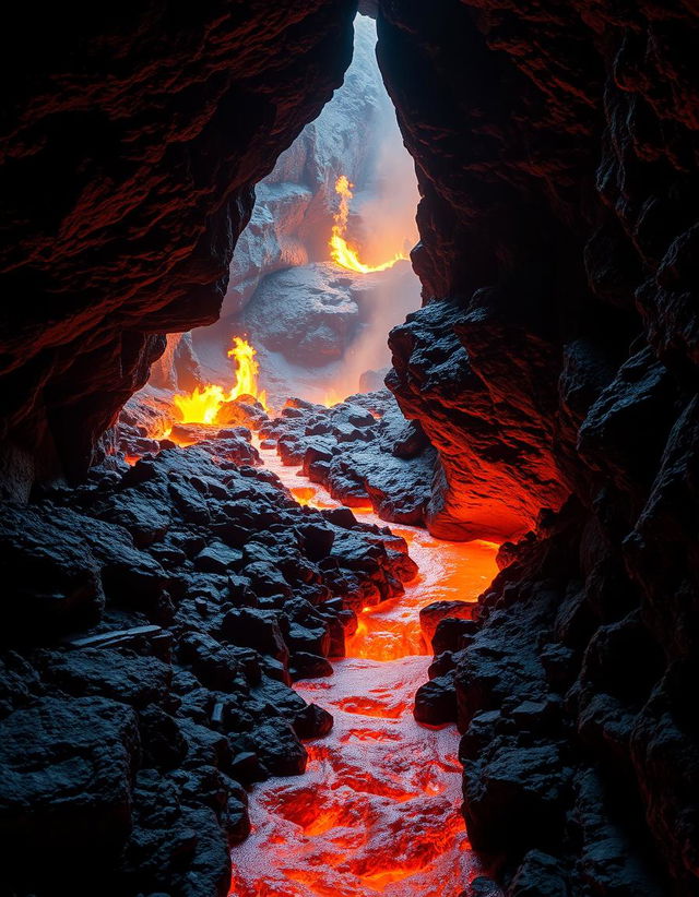 A captivating volcanic cave scene featuring a narrow rocky path alongside a flowing river of orange lava