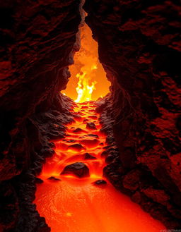 A captivating volcanic cave scene featuring a narrow rocky path alongside a flowing river of orange lava