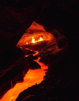 A captivating volcanic cave scene featuring a narrow rocky path alongside a flowing river of orange lava