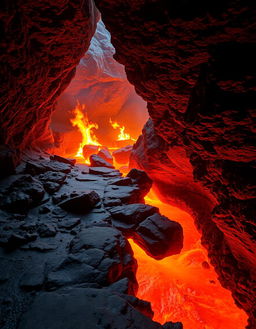 A captivating volcanic cave scene featuring a narrow rocky path alongside a flowing river of orange lava