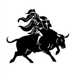 A silhouette logo design featuring a knight elegantly holding a long flag with a spear in one hand and a shield in the other