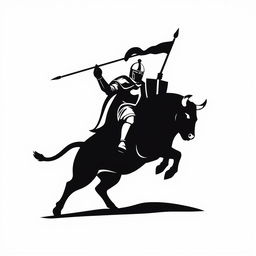 A silhouette logo depicting a knight holding a long flag with a spear and shield while riding a bull that appears to be jumping and looking down