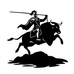 A silhouette logo depicting a knight holding a long flag with a spear and shield while riding a bull that appears to be jumping and looking down