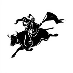 A silhouette logo depicting a knight holding a long flag with a spear and shield while riding a bull that appears to be jumping and looking down