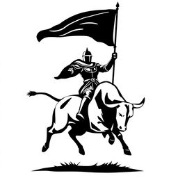 A silhouette logo depicting a knight holding a long flag with a spear and shield while riding a bull that appears to be jumping and looking down