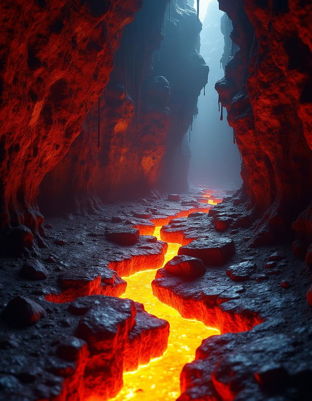 A mesmerizing view of a lavahöhle (lava cave), showcasing glowing molten lava flowing along an uneven rocky floor