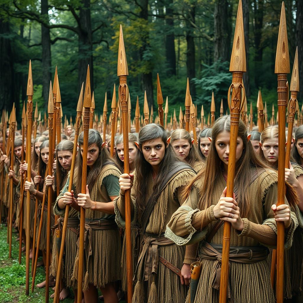 An army of elves dressed in rustic clothing, showcasing their traditional attire woven from natural fibers, standing in formation