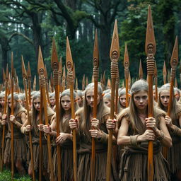 An army of elves dressed in rustic clothing, showcasing their traditional attire woven from natural fibers, standing in formation