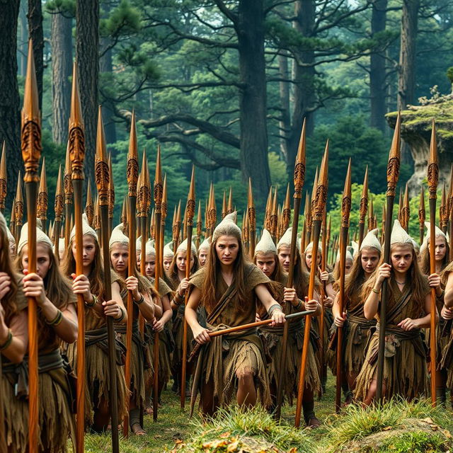 An army of elves dressed in rustic clothing, showcasing their traditional attire woven from natural fibers, standing in formation