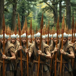 An army of elves dressed in rustic clothing, showcasing their traditional attire woven from natural fibers, standing in formation