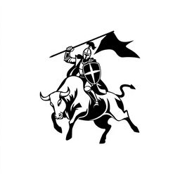 A silhouette logo featuring a knight proudly holding a long flag with a spear and shield, riding a bull that is looking down while in mid-jump