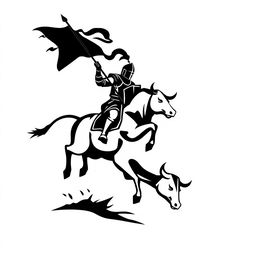 A silhouette logo featuring a knight proudly holding a long flag with a spear and shield, riding a bull that is looking down while in mid-jump