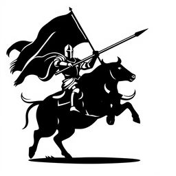 A silhouette logo featuring a knight proudly holding a long flag with a spear and shield, riding a bull that is looking down while in mid-jump