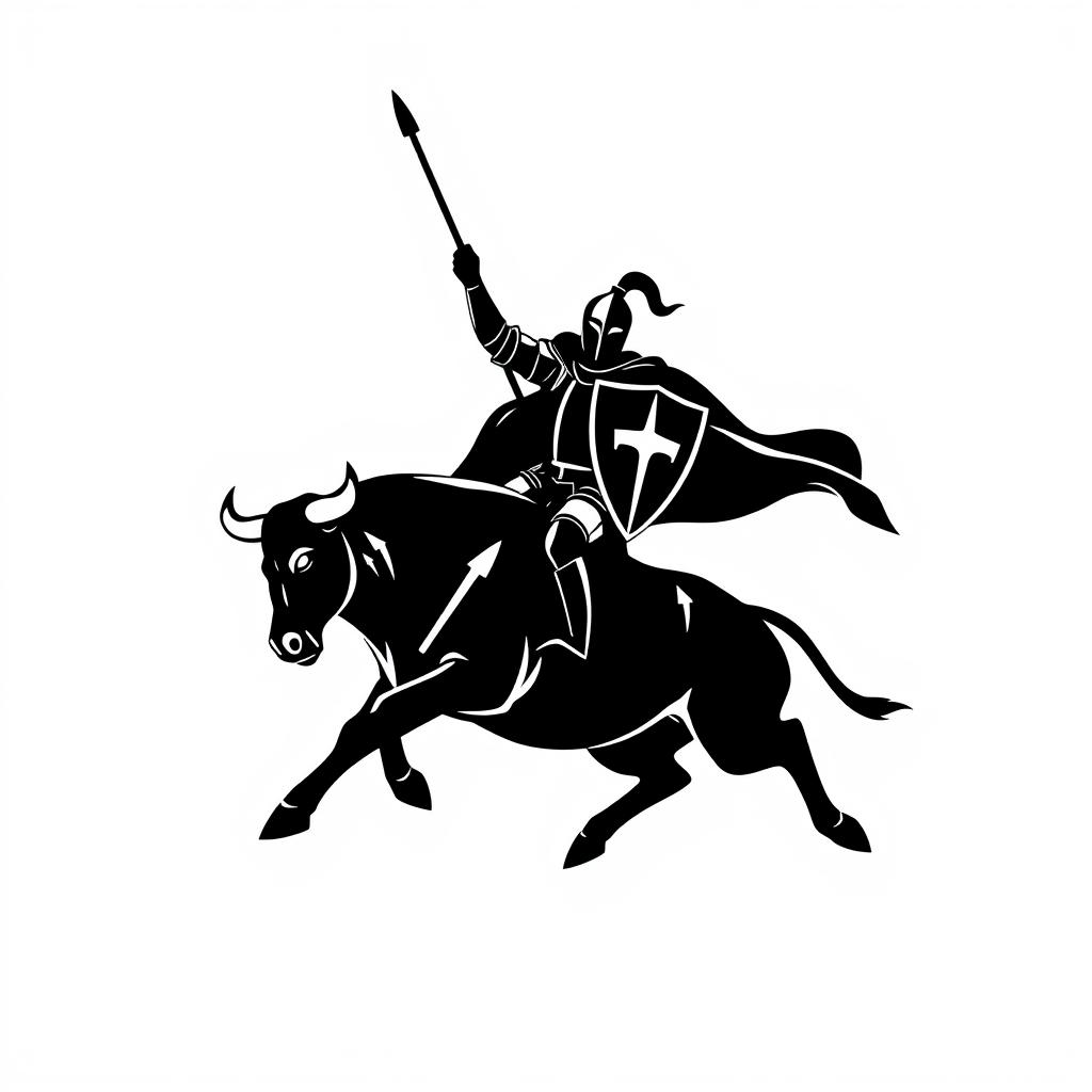 A silhouette logo featuring a knight proudly holding a long flag with a spear and shield, riding a bull that is looking down while in mid-jump