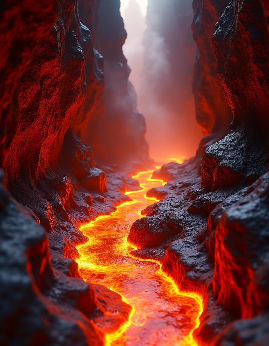 A mesmerizing lava cave scene featuring a captivating path illuminated by a warm orange light