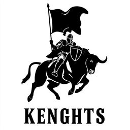 A silhouette logo featuring a knight riding a jumping bull, both facing towards the viewer