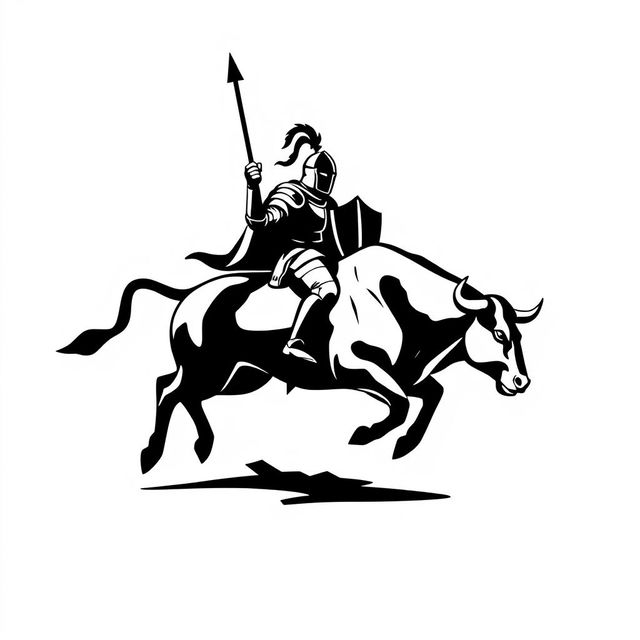 A silhouette logo featuring a knight riding a jumping bull, both facing towards the viewer