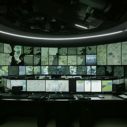 The expansive desk in the SWAT Control Room, filled with numerous screens displaying real-time data, strategic maps, and intricate communications equipment.